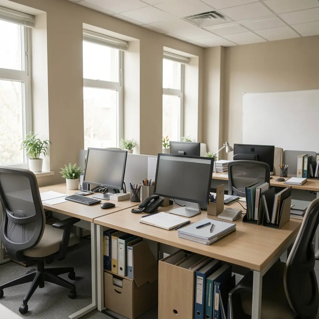 Our team workspace reflecting calm and organized values